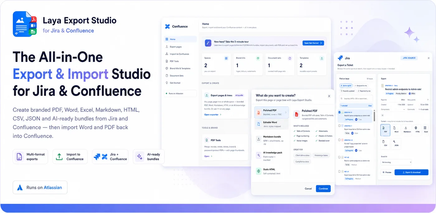 The exporter asking What do you want to create?, with Polished PDF, Editable Word, Markdown bundle, AI knowledge pack and Static HTML, and what each includes; beside it, the Confluence Home and the Jira Export a Ticket screen.