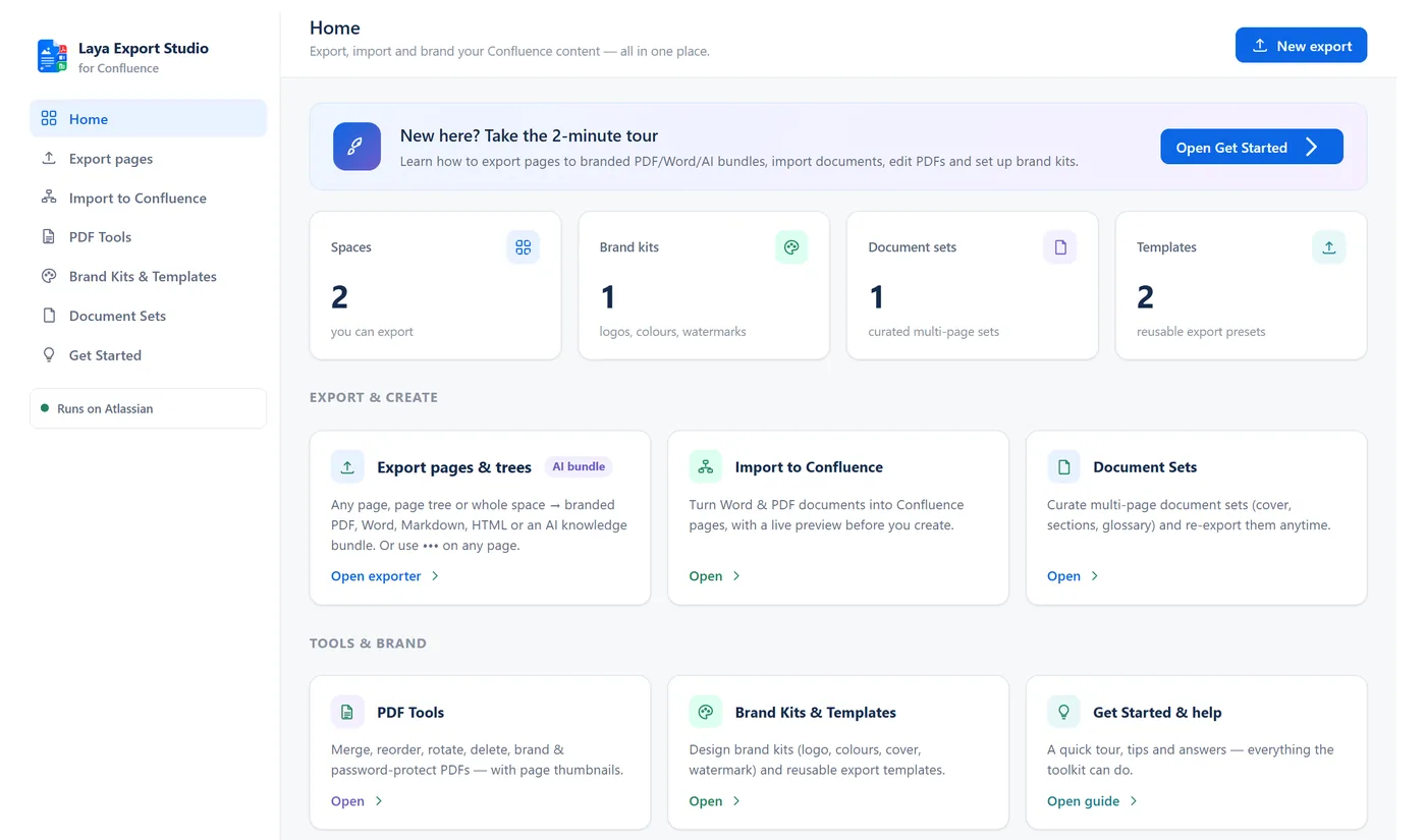 Laya Export Studio Home in Confluence: a menu with Home, Export pages, Import to Confluence, PDF Tools, Brand Kits & Templates, Document Sets and Get Started, counts of spaces, brand kits, document sets and templates, and cards for each tool.