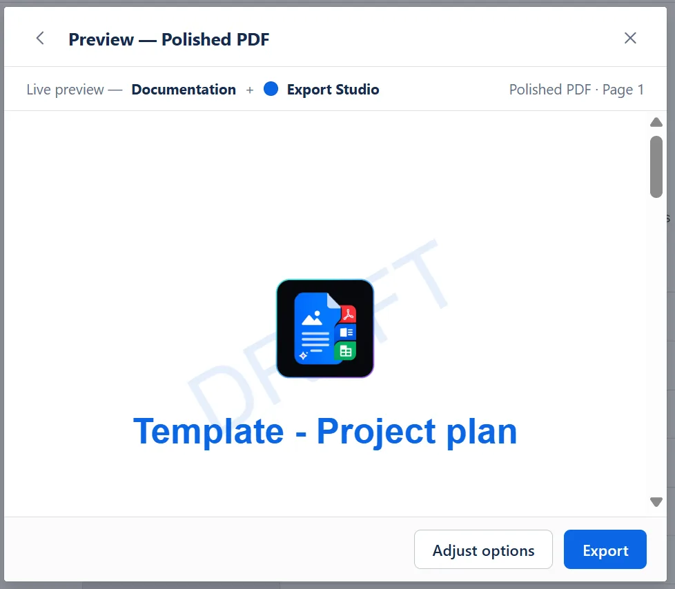 Preview of a Polished PDF before export: the cover page of a document titled Template - Project plan, with the brand logo and a DRAFT watermark, and the Adjust options and Export buttons.