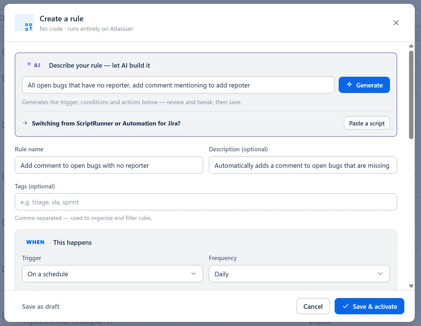 The top of the Create a rule dialog: the AI box with a plain-English request and the Generate button, the Paste a script button for switching from ScriptRunner or Automation for Jira, then the rule name, description, tags and trigger.