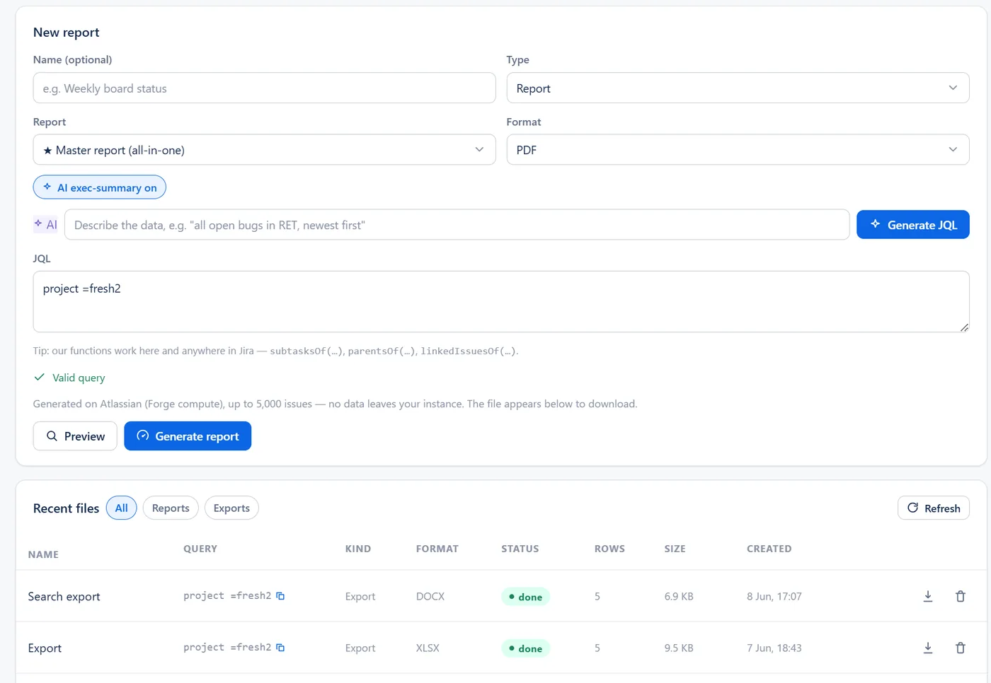 The New report form in Advanced Export: name, type Report, the Master report (all-in-one), format PDF, the AI exec-summary on chip, the JQL box with Preview and Generate report, and the Recent files list below.