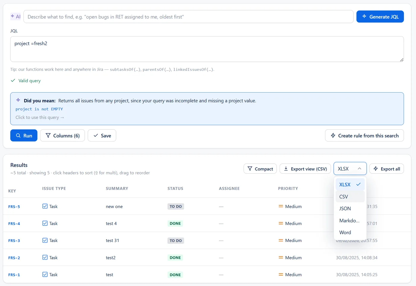 Search & Automate: an AI box with Generate JQL above the JQL editor, a Did you mean suggestion, the Run, Columns, Save and Create rule from this search buttons, and a results table with Compact, Export view (CSV), a format menu and Export all.