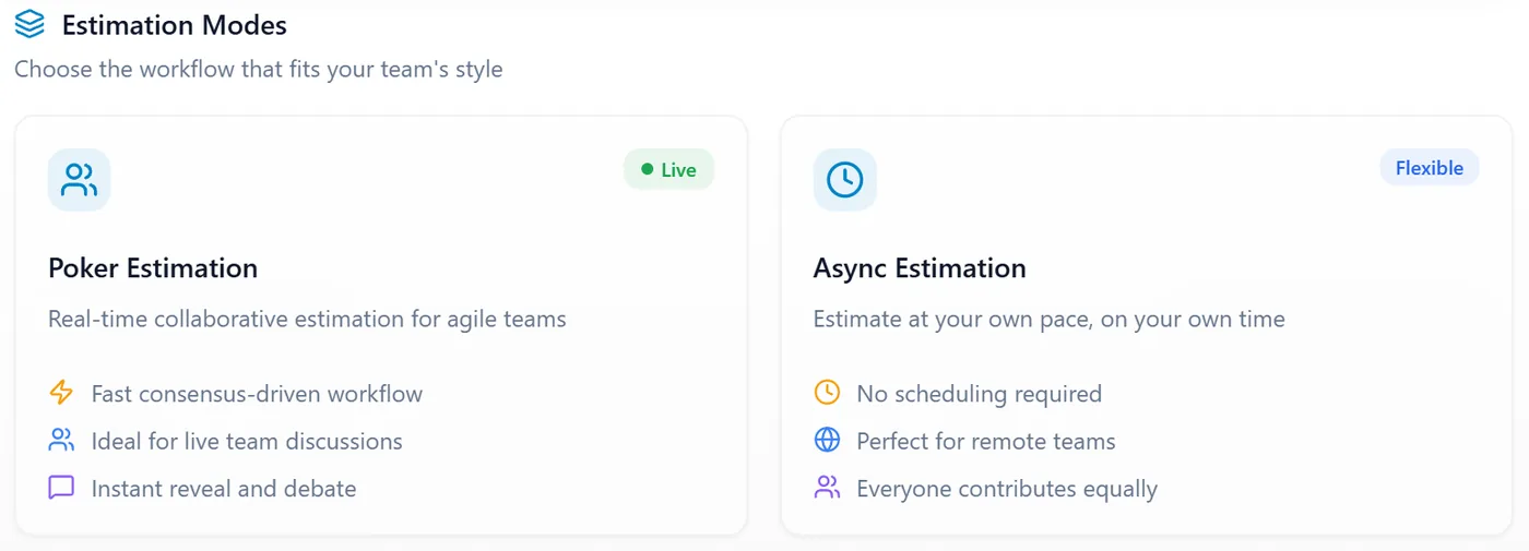 Two cards side by side: Poker Estimation, real-time collaborative estimation for agile teams, and Async Estimation, estimate at your own pace, on your own time.