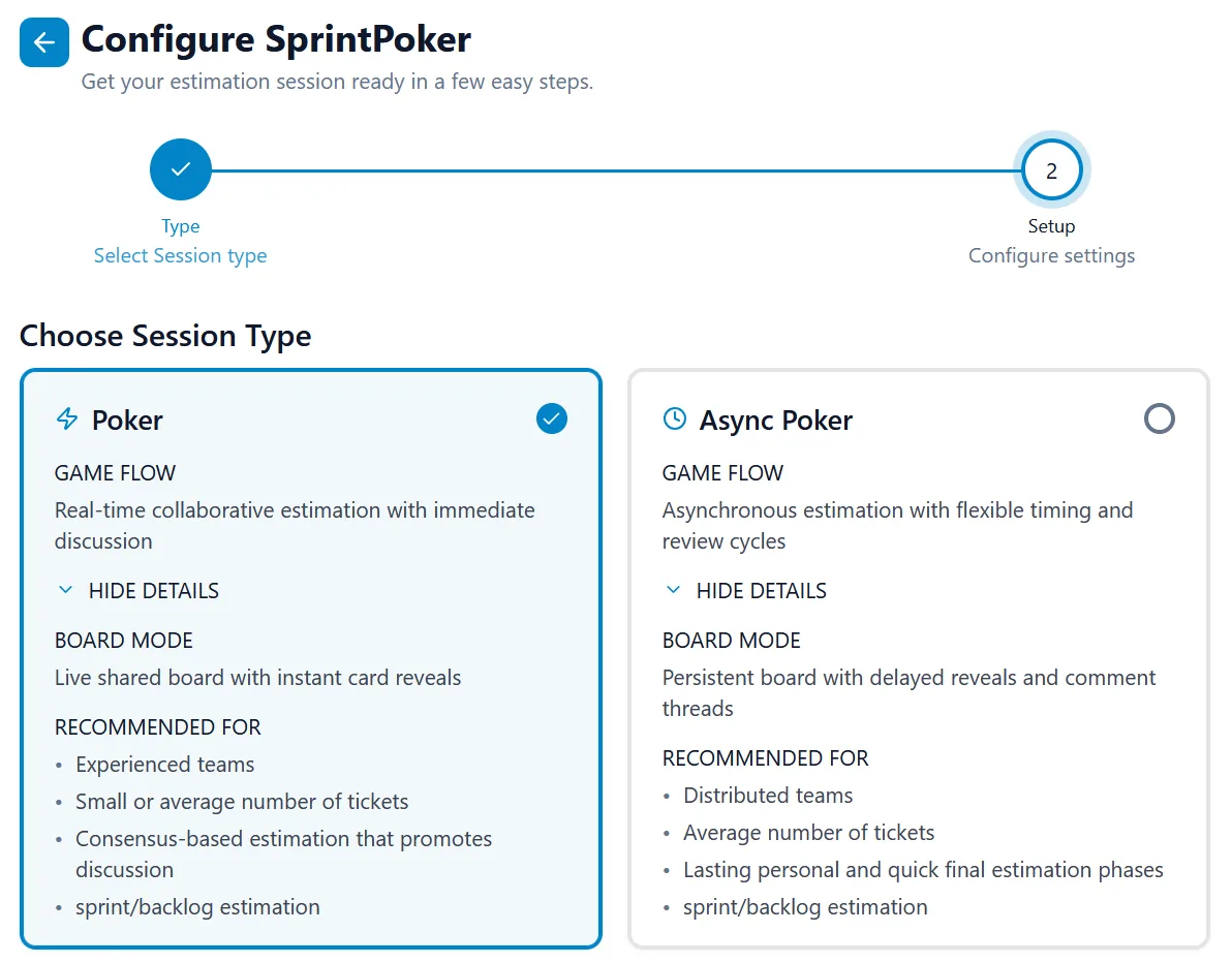 The Configure SprintPoker page, Choose Session Type step: two cards, Poker (real-time collaborative estimation) and Async Poker (asynchronous estimation with flexible timing), each with its game flow, board mode and what it is recommended for.