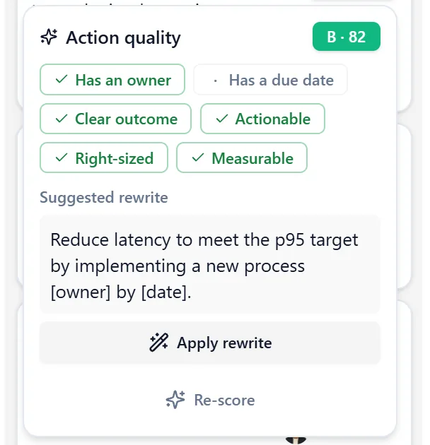 The Action quality panel showing a B grade of 82, six checks with ticks, a suggested rewrite using owner and date placeholders, and the Apply rewrite and Re-score buttons.