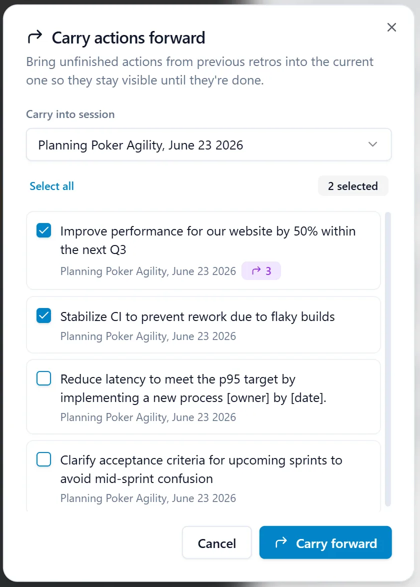 The Carry actions forward dialog with a retro picker, a list of open actions with checkboxes, two of them ticked, and the Cancel and Carry forward buttons.