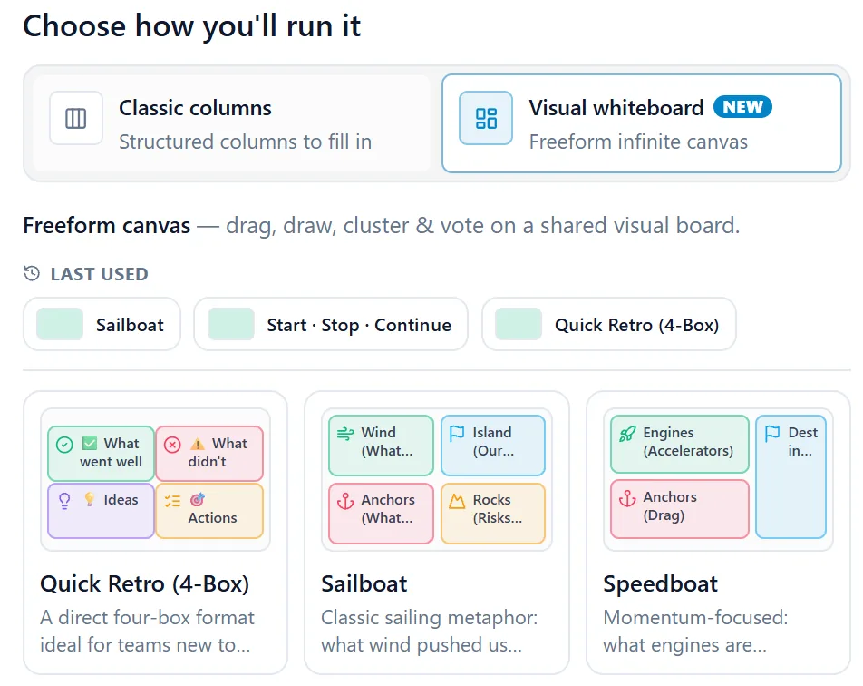 The “Choose how you’ll run it” step with two options, Classic columns and Visual whiteboard, above a list of recently used templates and template cards for Quick Retro (4-Box), Sailboat and Speedboat.