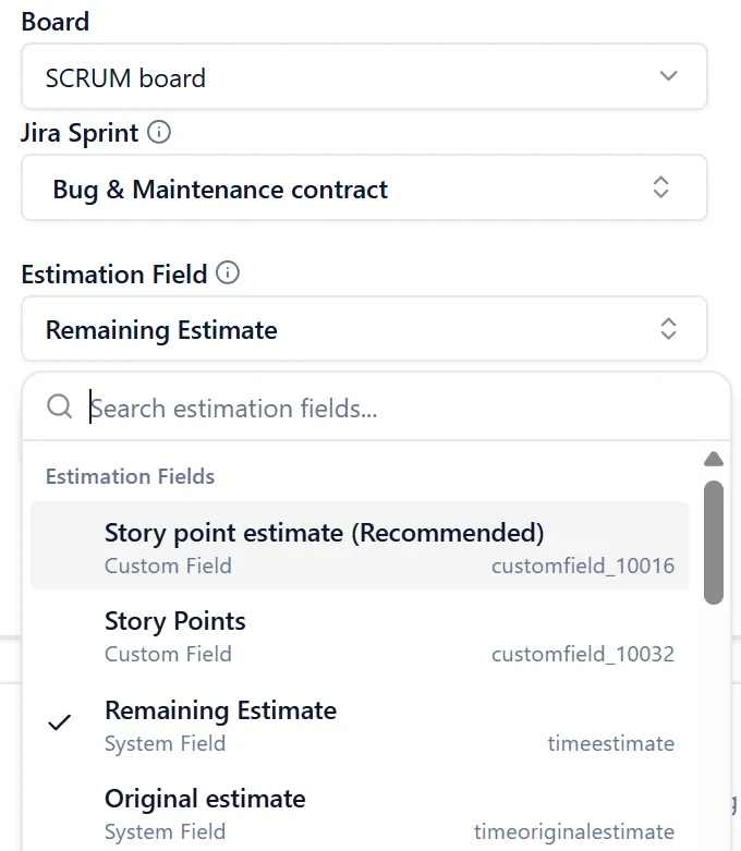 The Board, Jira Sprint and Estimation Field selectors, with the estimation list open showing story point and time fields from Jira.