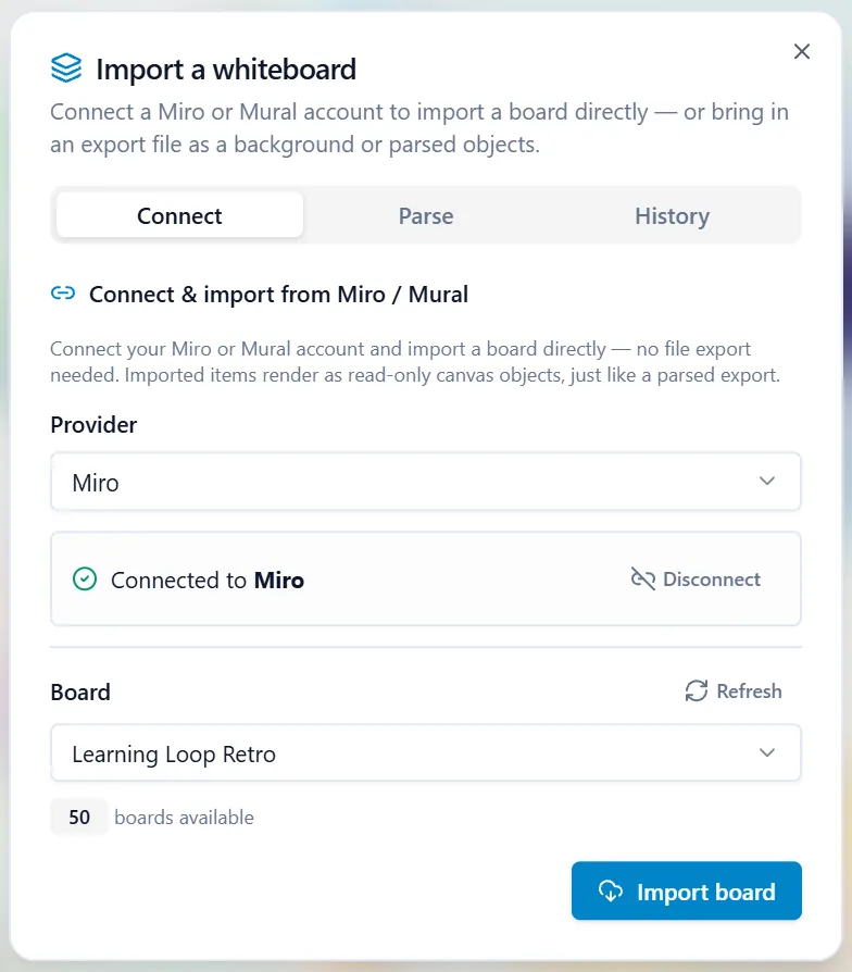 The Import a whiteboard dialog on its Connect tab, with Miro chosen as the provider, a connected Miro account, a board picker and an Import board button.