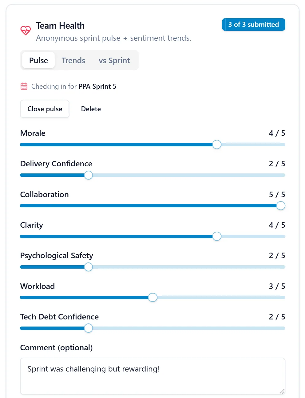A Team Health pulse for a sprint with sliders for Morale, Delivery Confidence, Collaboration, Clarity, Psychological Safety, Workload and Tech Debt Confidence, and an optional comment box.