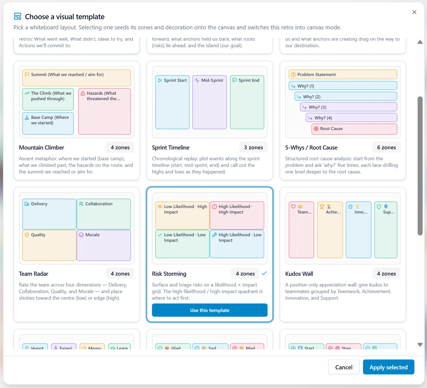 The Choose a visual template dialog showing a grid of whiteboard layouts, including Mountain Climber, Sprint Timeline, 5-Whys, Team Radar, Risk Storming and Kudos Wall.